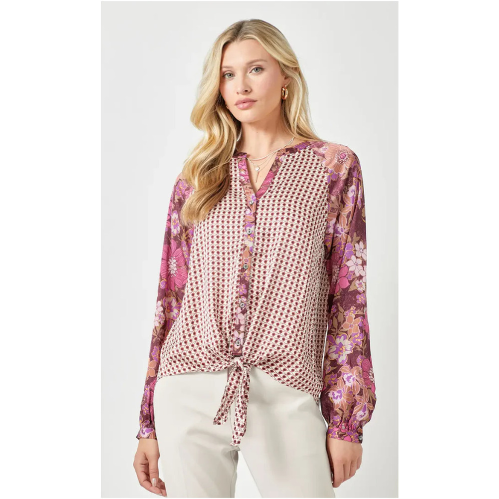 Mystree Button Up Shirt Womens S Merlot Burgundy Tie Front Mixed Floral Boho - Picture 3 of 13